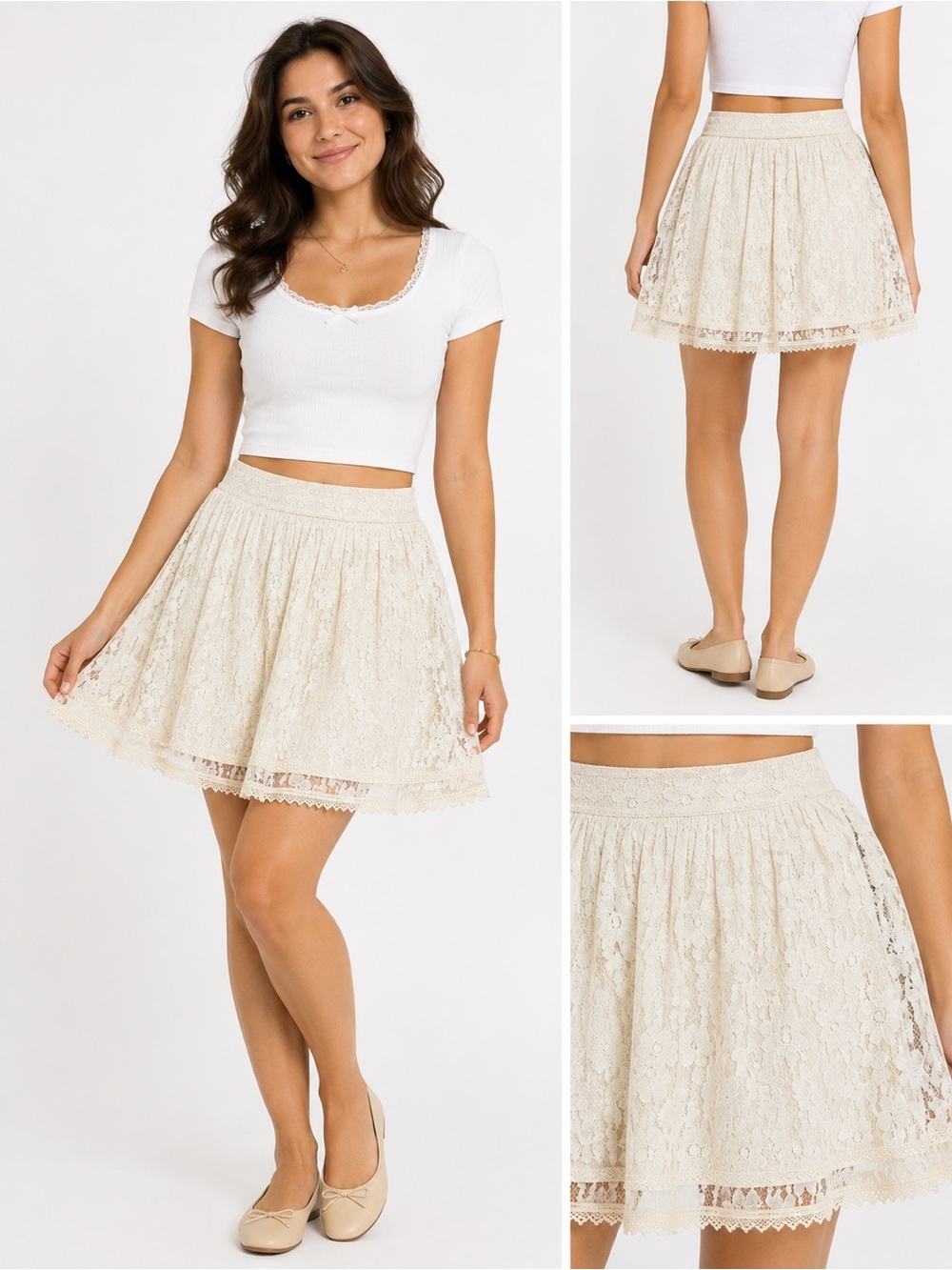 Vintage American Eagle Outfitters Cream Lace Skater Mini Skirt